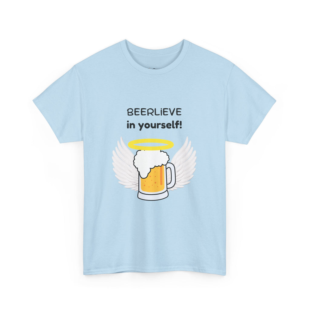 Witziges Bier-T-Shirt mit englischem Spruch „Beerlieve in yourself“