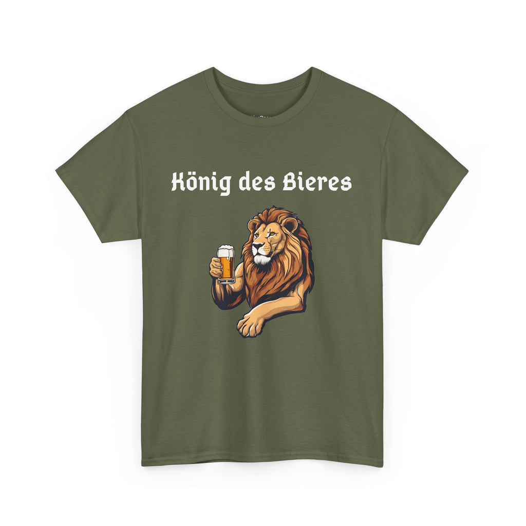 Lustiges T-Shirt mit Aufdruck „König des Bieres“ und einem Löwen der ein Bier hält