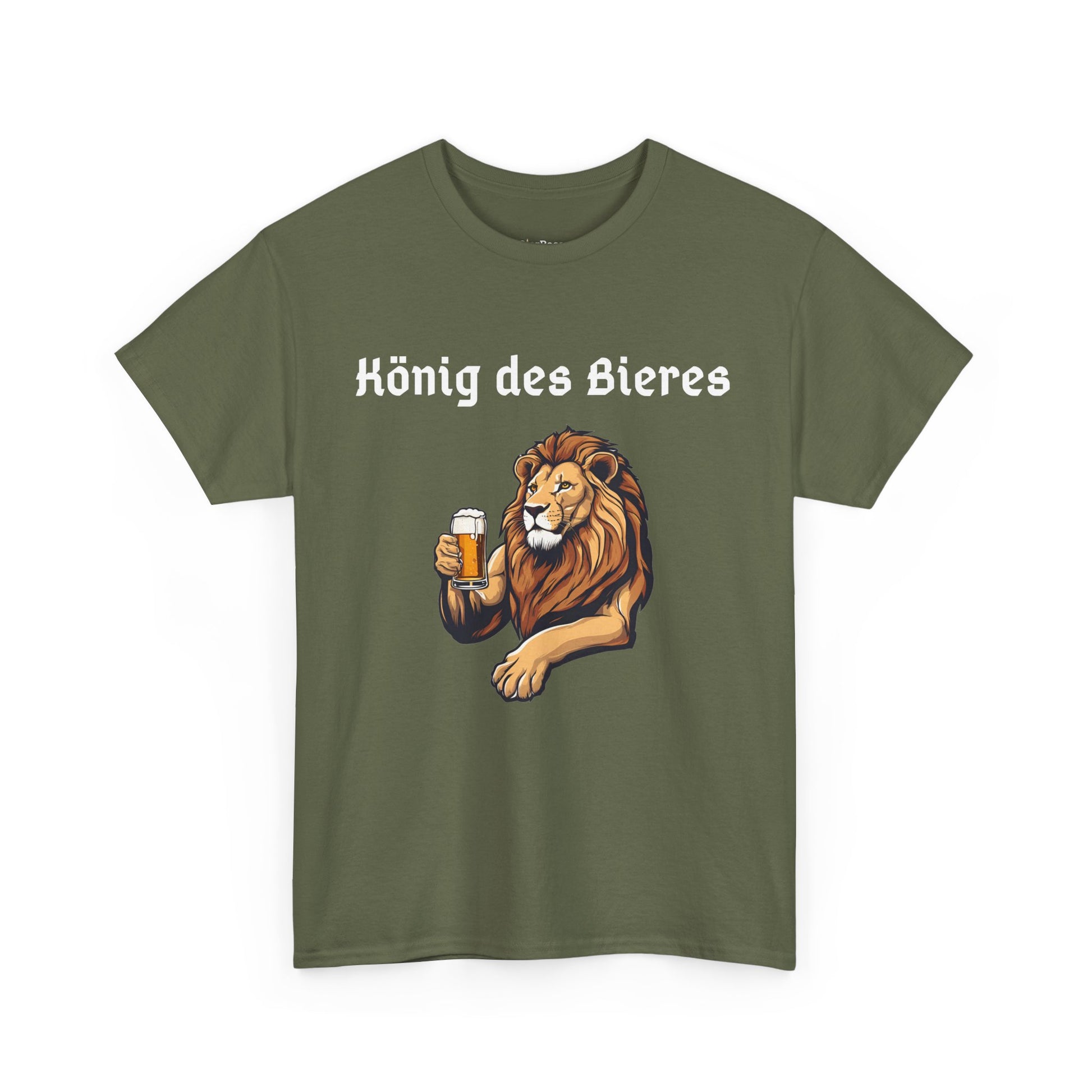 Lustiges T-Shirt mit Aufdruck „König des Bieres“ und einem Löwen der ein Bier hält