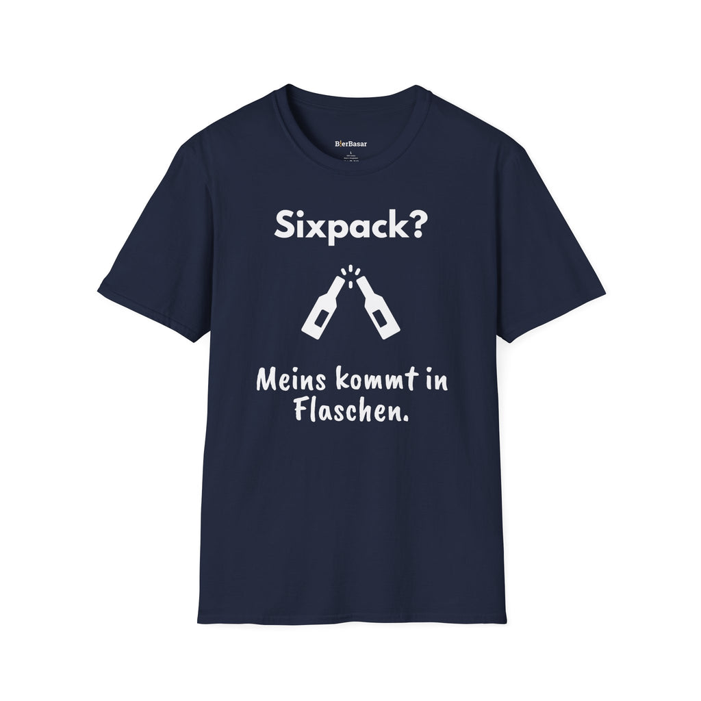 Lustiges Bier-T-Shirt mit Spruch „Sixpack? Meins kommt in Flaschen“