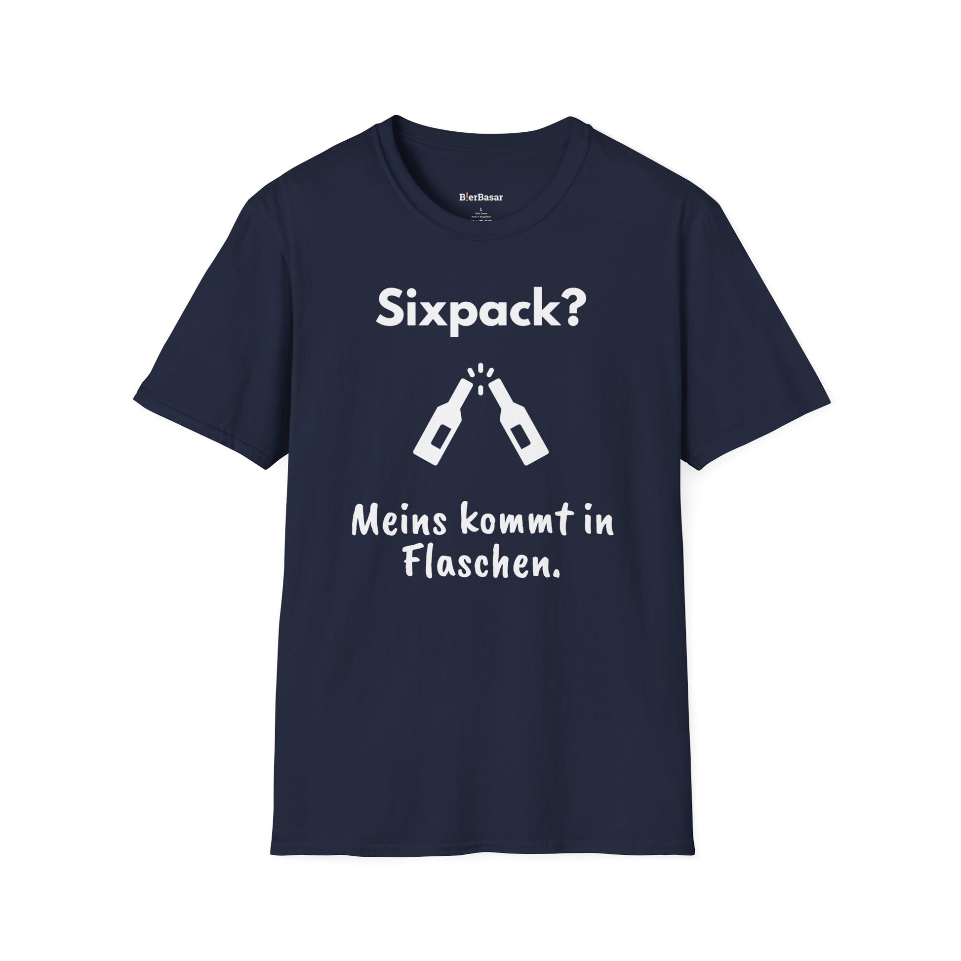 Lustiges Bier-T-Shirt mit Spruch „Sixpack? Meins kommt in Flaschen“