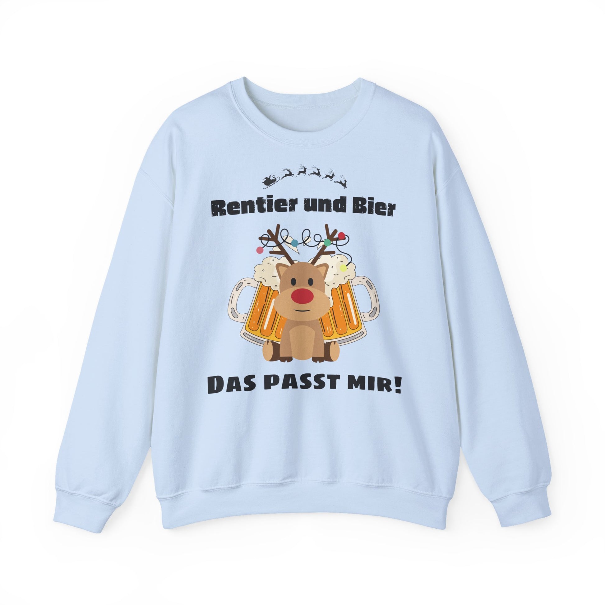 Witziges Weihnachts-Sweatshirt mit Spruch „Rentier und Bier: das passt mir!“